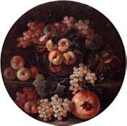 A still life of peaches and plums in a glass bowl,grapes,a melon and a pomegranate